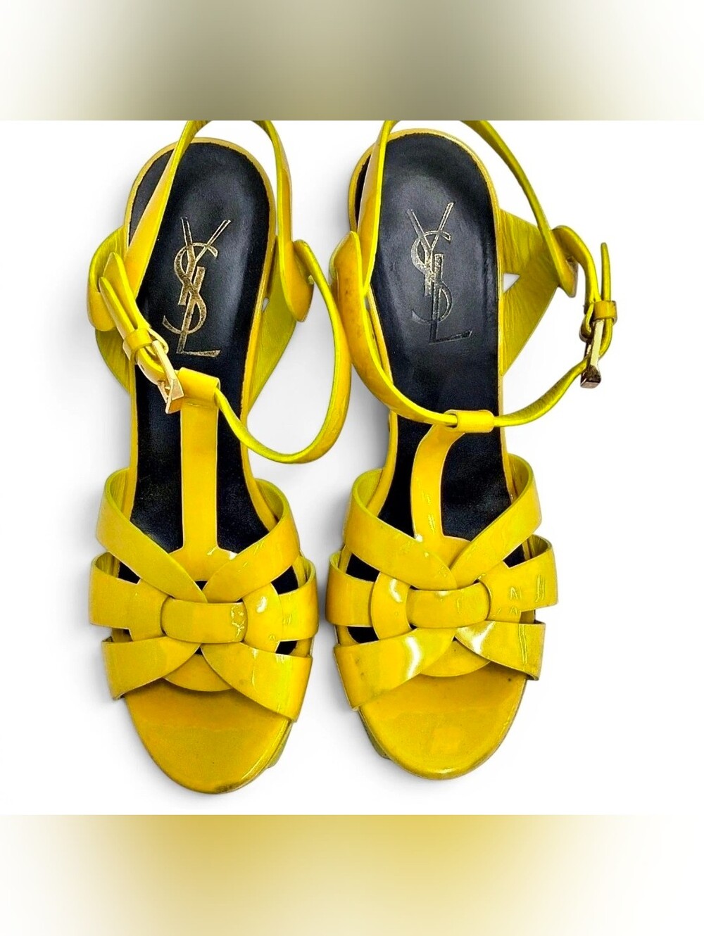 Saint Laurent Tribute 105 Platform Sandals Yellow Patent Leather Heels EU 36 YSL